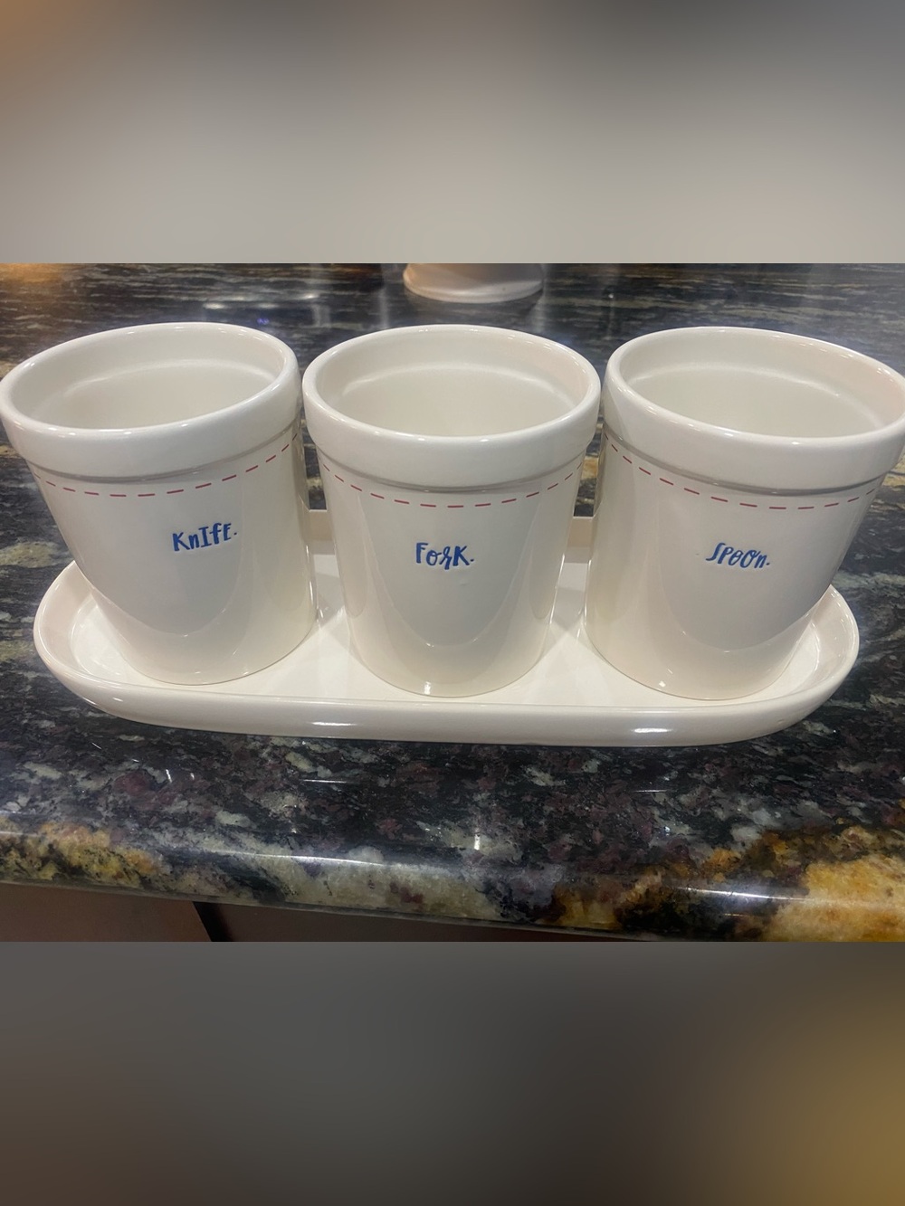 Rae Dunn Ceramic Knife Fork and Spoon Crock with Blue Lettering